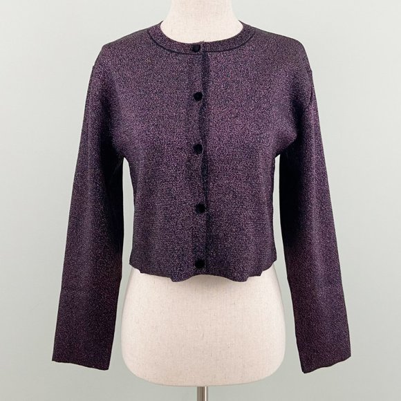 🌸SOLD🌸NWT Zara Purple Sparkly Shimmer Metallic Button Cropped Cardigan Sweater - Picture 6 of 9